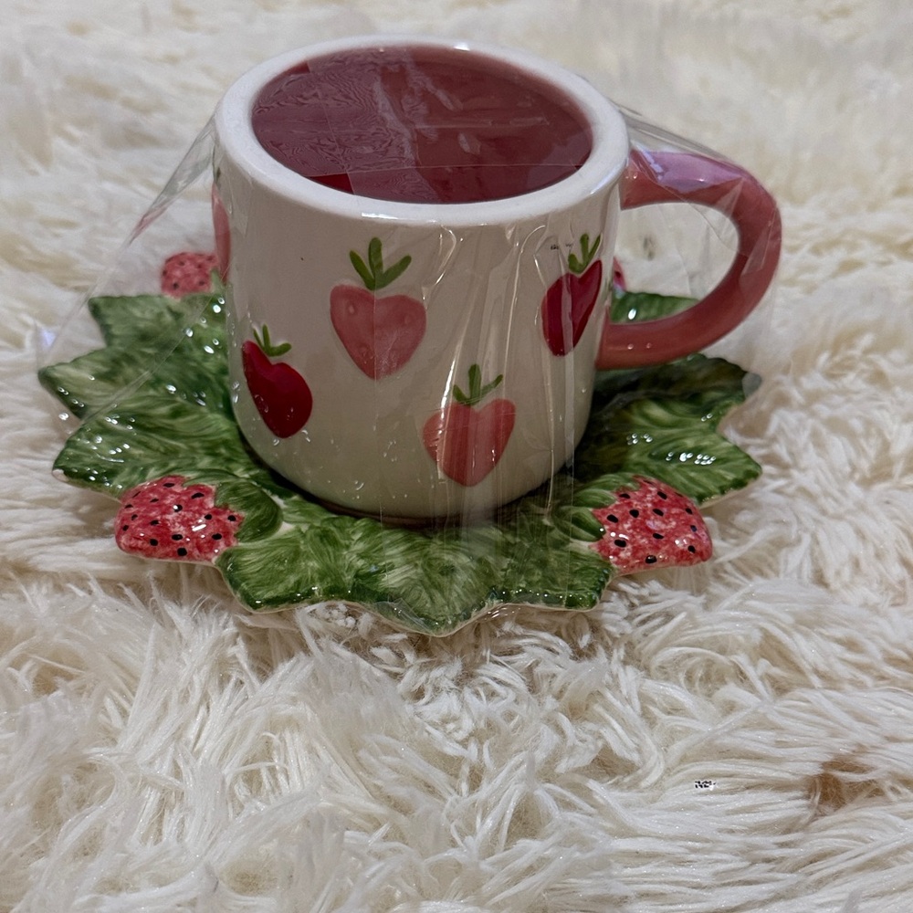 Pink Strawberry Ceramic Coffee Mug with Green Leaf Saucer